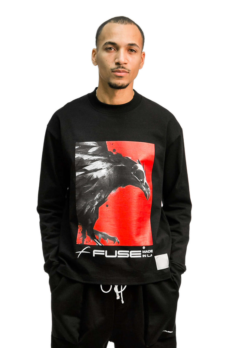 Red Box Bird Heavy Weight Mock Neck Tee - Black