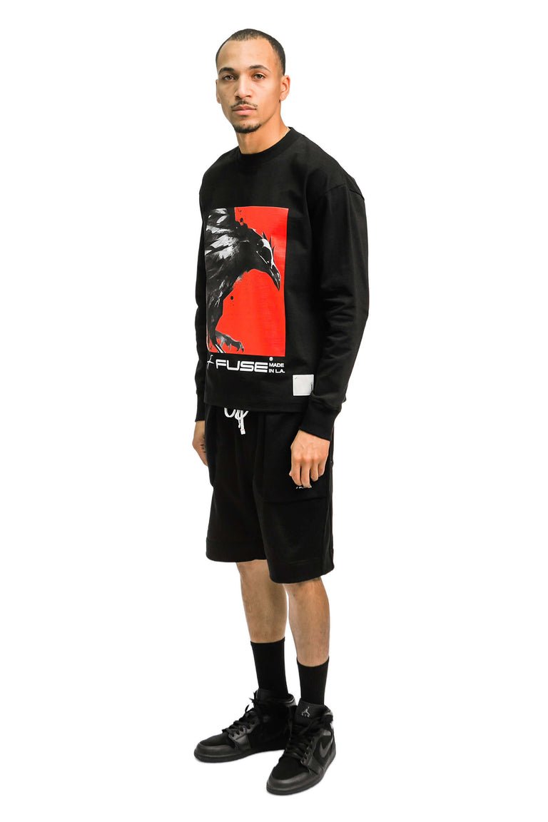 Red Box Bird Heavy Weight Mock Neck Tee - Black